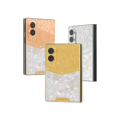 Royal Gold Samsung Galaxy Z Fold8 in Rose Gold, 24K Gold and Platinum with floral engraving above a mother of pearl panel