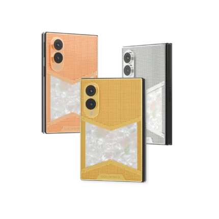 Regal Victory Gold Samsung Galaxy Z Fold8 in Rose Gold, 24K Gold and Platinum with textured metal chevrons and a mother of pearl band