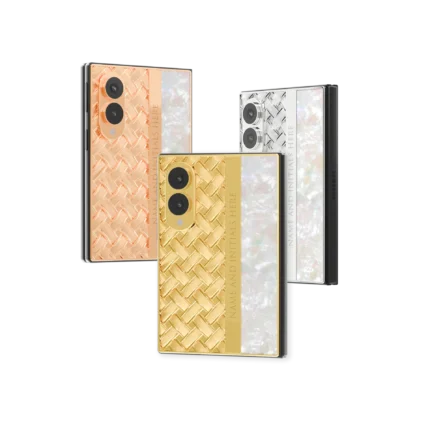 Pearl Knot Gold Samsung Galaxy Z Fold8 in Rose Gold, 24K Gold and Platinum with a woven lattice, name bar and mother of pearl