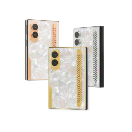 Regal Gold Samsung Galaxy Z Fold8 in Rose Gold, 24K Gold and Platinum with a mother of pearl back and curb chain