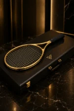 24K Gold Tennis Racket by GoldPrivé lying on its black leather case, gold hoop and strings beside the gold emblem on the lid