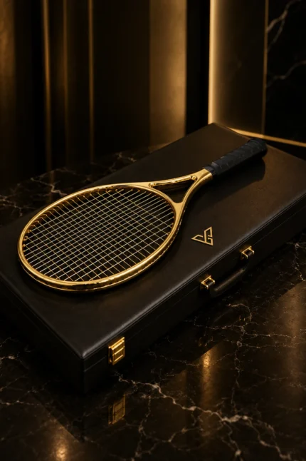 24K Gold Tennis Racket by GoldPrivé lying on its black leather case, gold hoop and strings beside the gold emblem on the lid