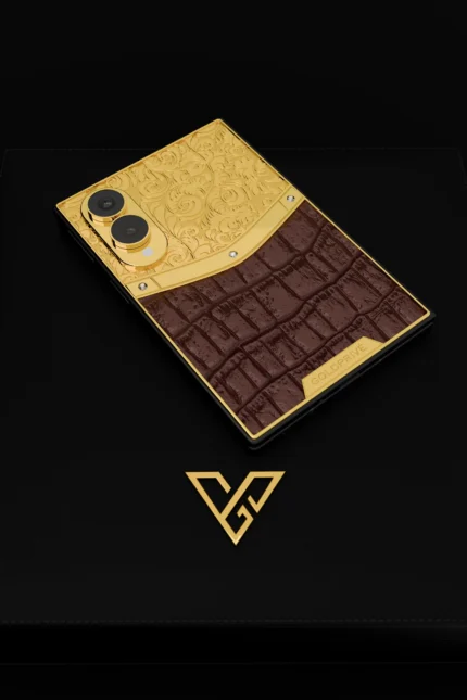 Exotic Royal Gold Samsung Galaxy Z Fold8 in 24K Gold, photographed on a black background