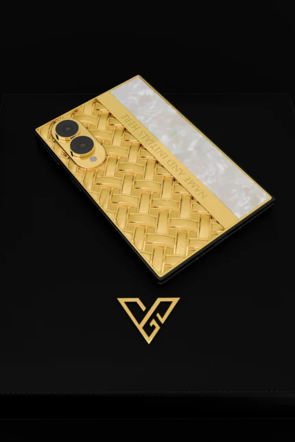 Pearl Knot Gold Samsung Galaxy Z Fold8 in 24K Gold, photographed on a black background