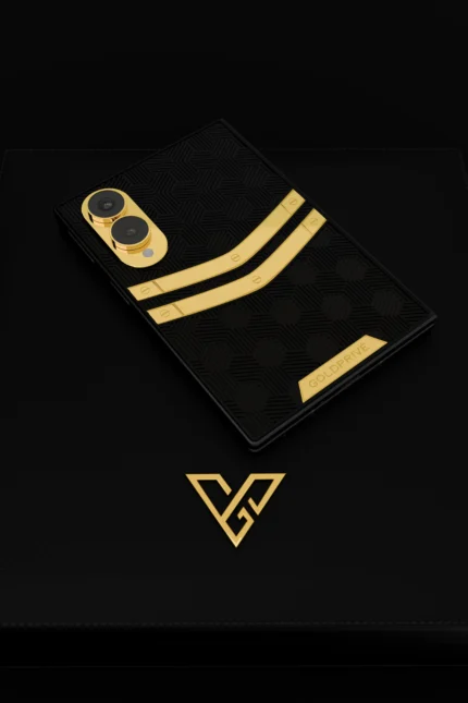 Genesis II Gold Samsung Galaxy Z Fold8 in 24K Gold, photographed on a black background