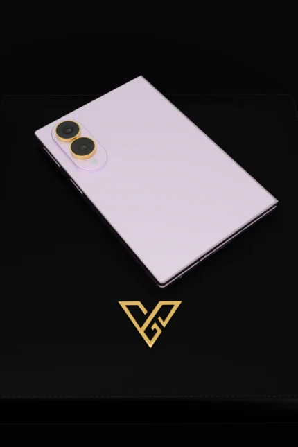 Lavender Samsung Galaxy Z Fold8 Gold Accents in 24K Gold, photographed on a black background