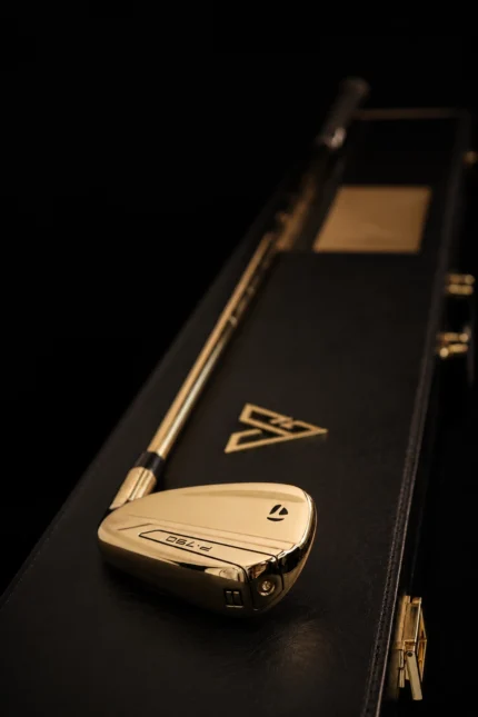 Artisan Gold TaylorMade P790 4-Iron resting in its black leather case beside the GoldPrivé emblem