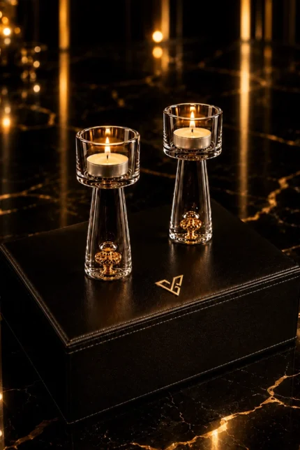 Lumière Gold Tealight Holders by GoldPrivé, two lit holders on a black leather box beside the emblem, flames above clear columns with gold sealed in their bases