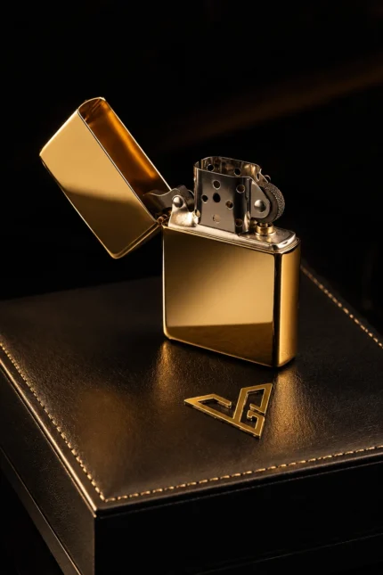 Ignis Gold Zippo Lighter by GoldPrivé, the flip-top case open on a black leather box beside the emblem