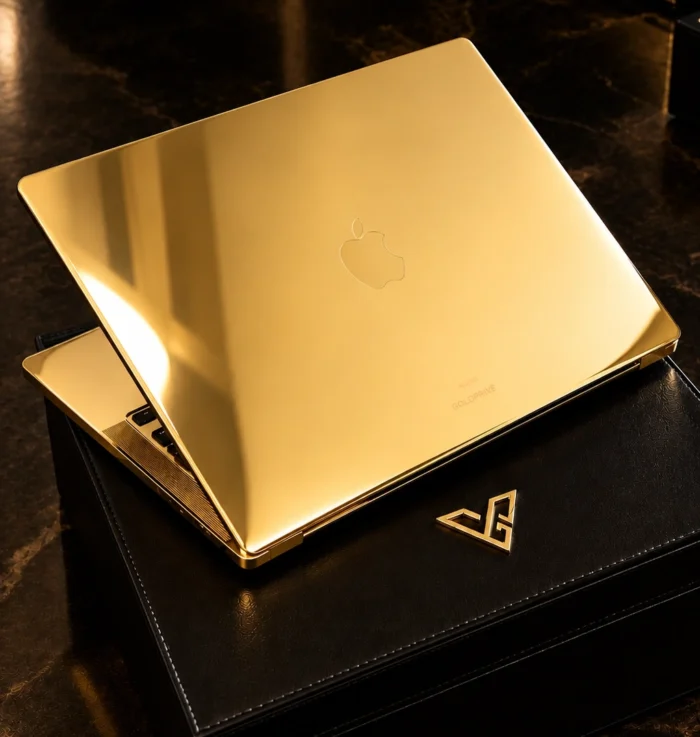 Gold MacBook Pro open on a black leather presentation box