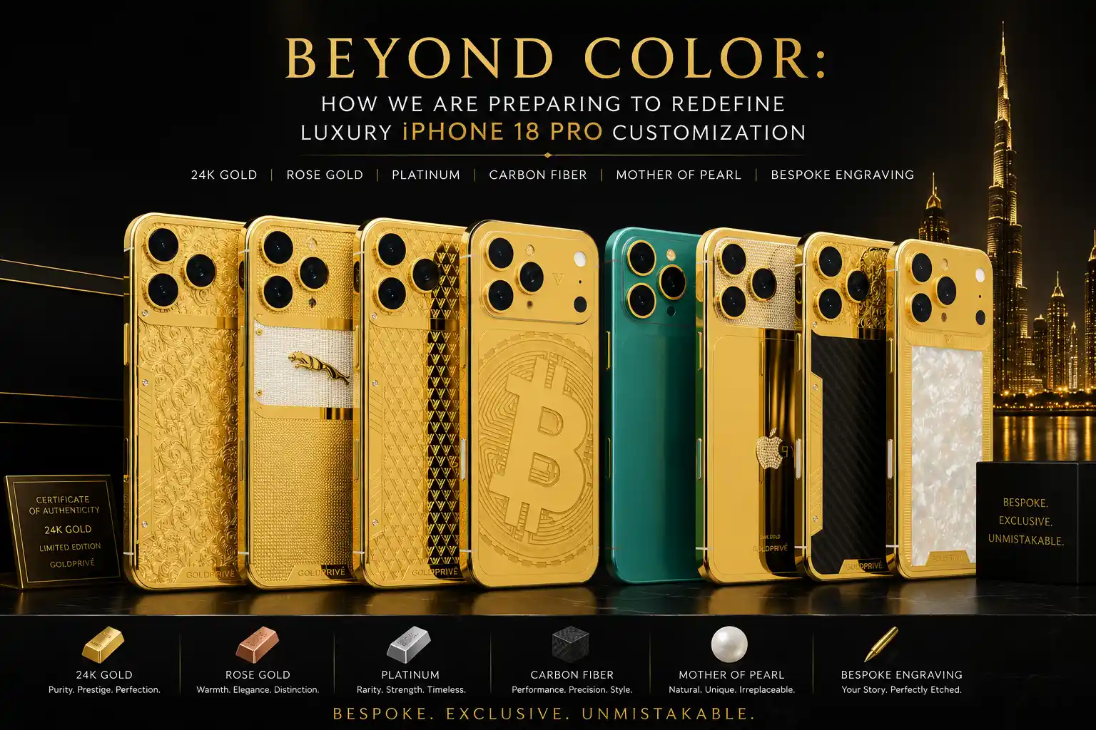 GoldPrivé luxury iPhone 18 Pro customization concepts in 24K gold, rose gold, platinum, carbon fiber and Mother of Pearl