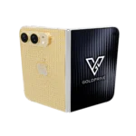 Astranova Gold iPhone Duo partly opened, showing a gold back plate set with rows of diamonds and a pavé Apple logo