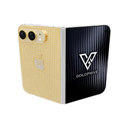 Astranova Gold iPhone Duo partly opened, showing a gold back plate set with rows of diamonds and a pavé Apple logo