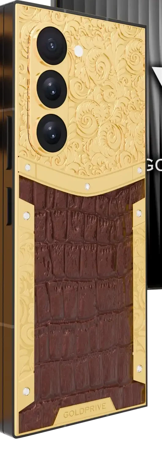 Exotic Royal Gold Samsung Galaxy Z Fold8 Ultra close-up in 24K Gold where scrollwork meets crocodile leather