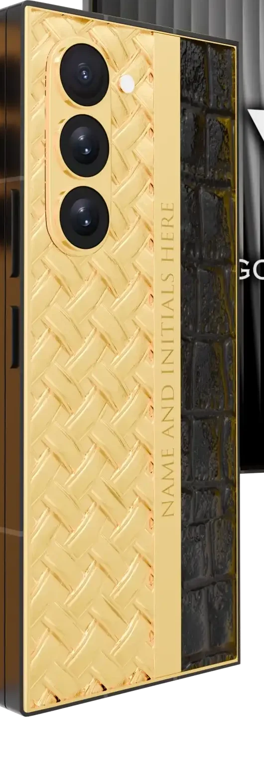 Braid Gold Samsung Galaxy Z Fold8 Ultra close-up in 24K Gold of the woven knots, divider and leather strip