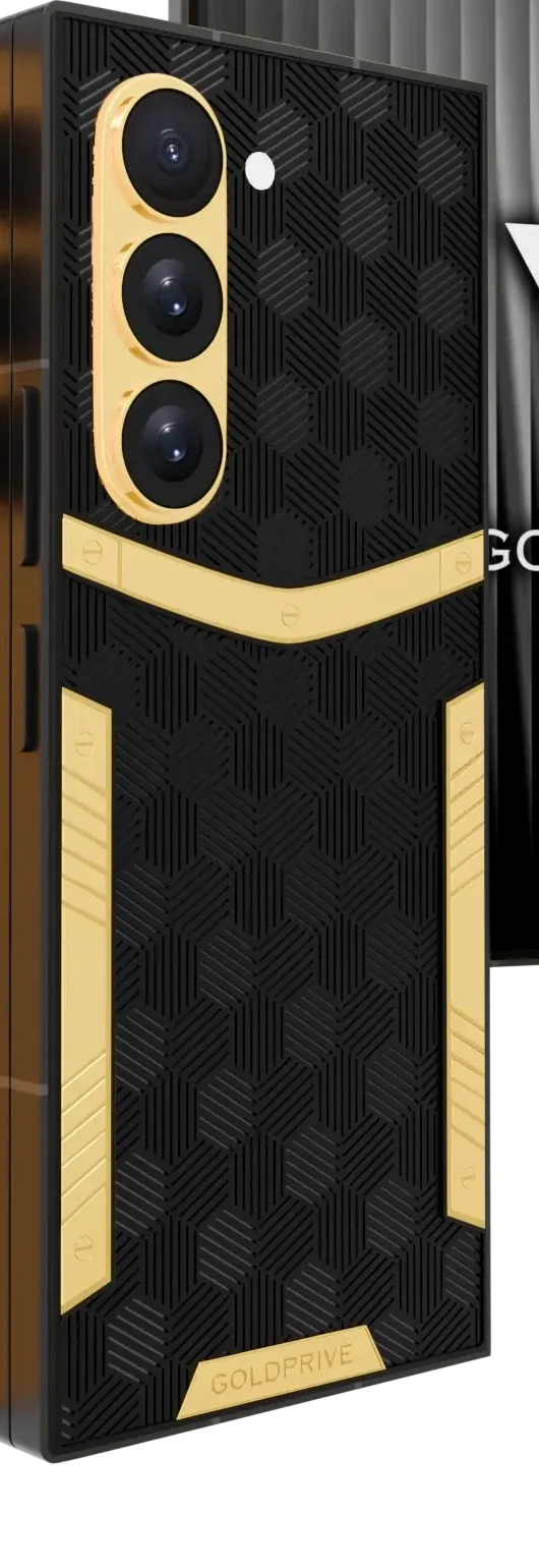Genesis Gold Samsung Galaxy Z Fold8 Ultra close-up of the 24K Gold chevron and rails on the textured panel