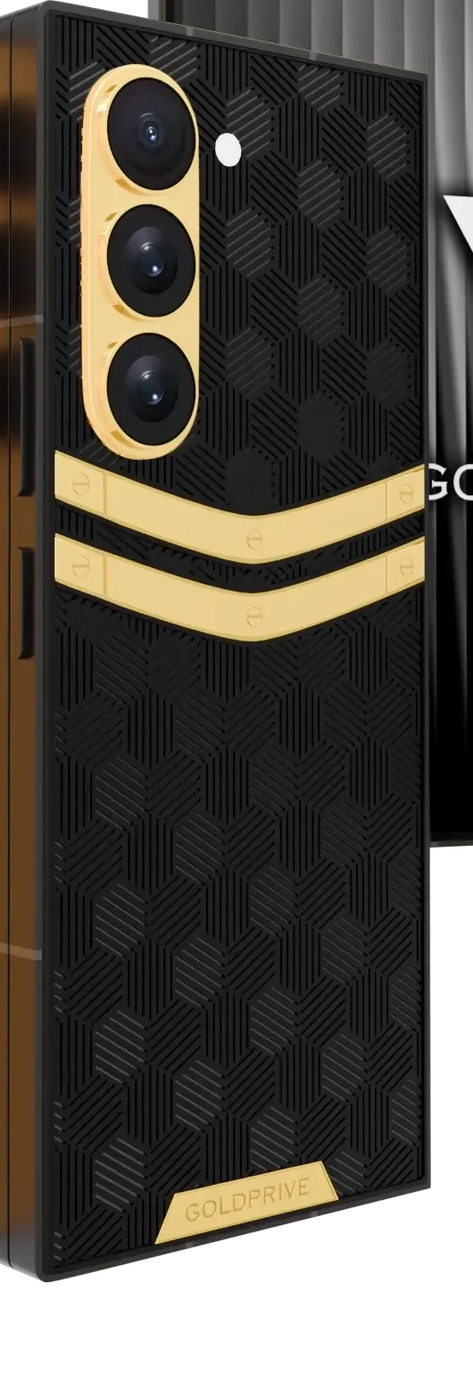 Genesis II Gold Samsung Galaxy Z Fold8 Ultra close-up of the two 24K Gold chevron bars and hexagon texture