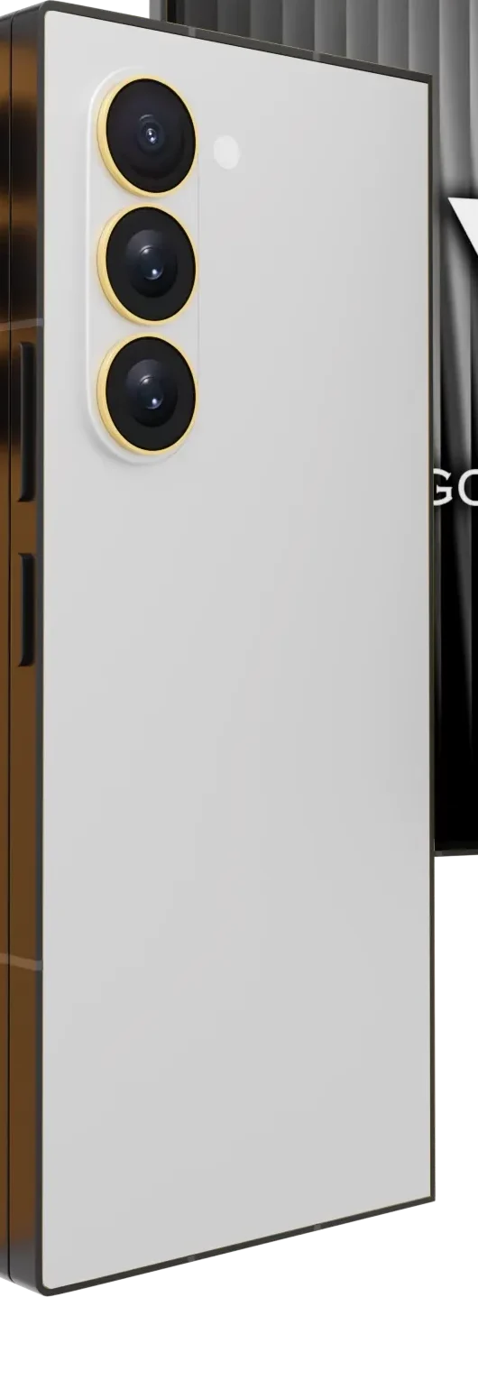 Silver Shadow Samsung Galaxy Z Fold8 Ultra Gold Accents close-up of the pale matte rear and a 24K Gold camera lens ring