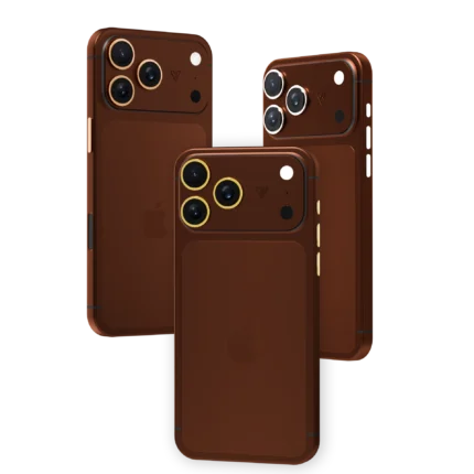 Truffle Gold iPhone 18 Pro Max in satin chocolate brown with camera rings plated in 24K Gold, Rose Gold and Platinum