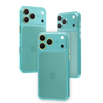 Azure Gold iPhone 18 Pro Max in satin aqua with camera rings plated in 24K Gold, Rose Gold and Platinum