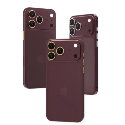 Burgundy Gold iPhone 18 Pro Max in Apple's Burgundy finish with lens rings plated in 24K Gold, Rose Gold and Platinum
