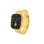 Titan gold Apple Watch Ultra 4 with a 24K gold link bracelet, angled view