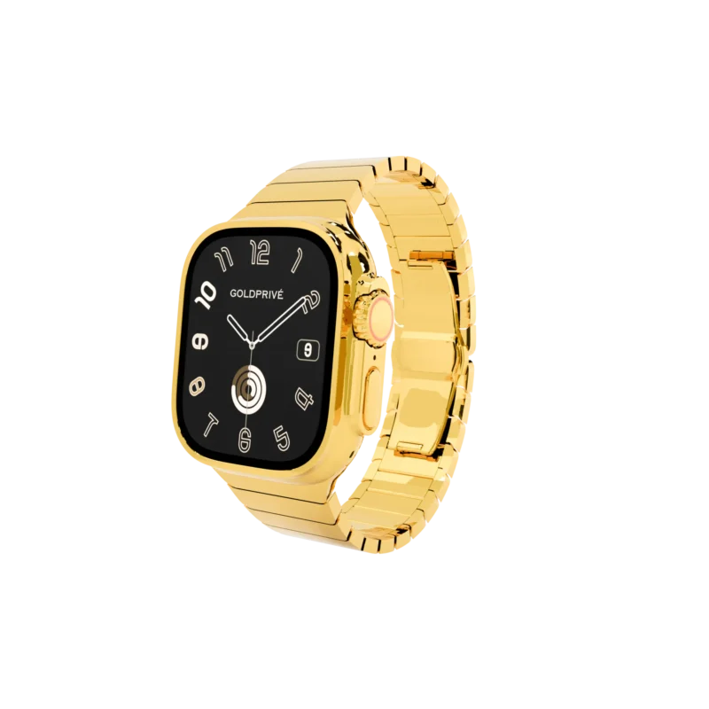 Titan gold Apple Watch Ultra 4 with a 24K gold link bracelet, angled view