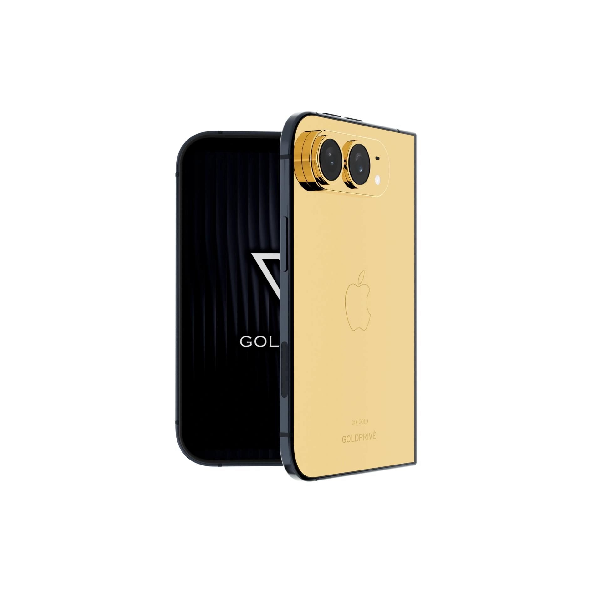 iPhone Duo Elite: open view with a 24K gold back and black GoldPrivé cover