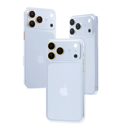 Glacier Gold iPhone 18 Pro Max in Apple's Glacier blue with lens rings plated in 24K Gold, Rose Gold and Platinum