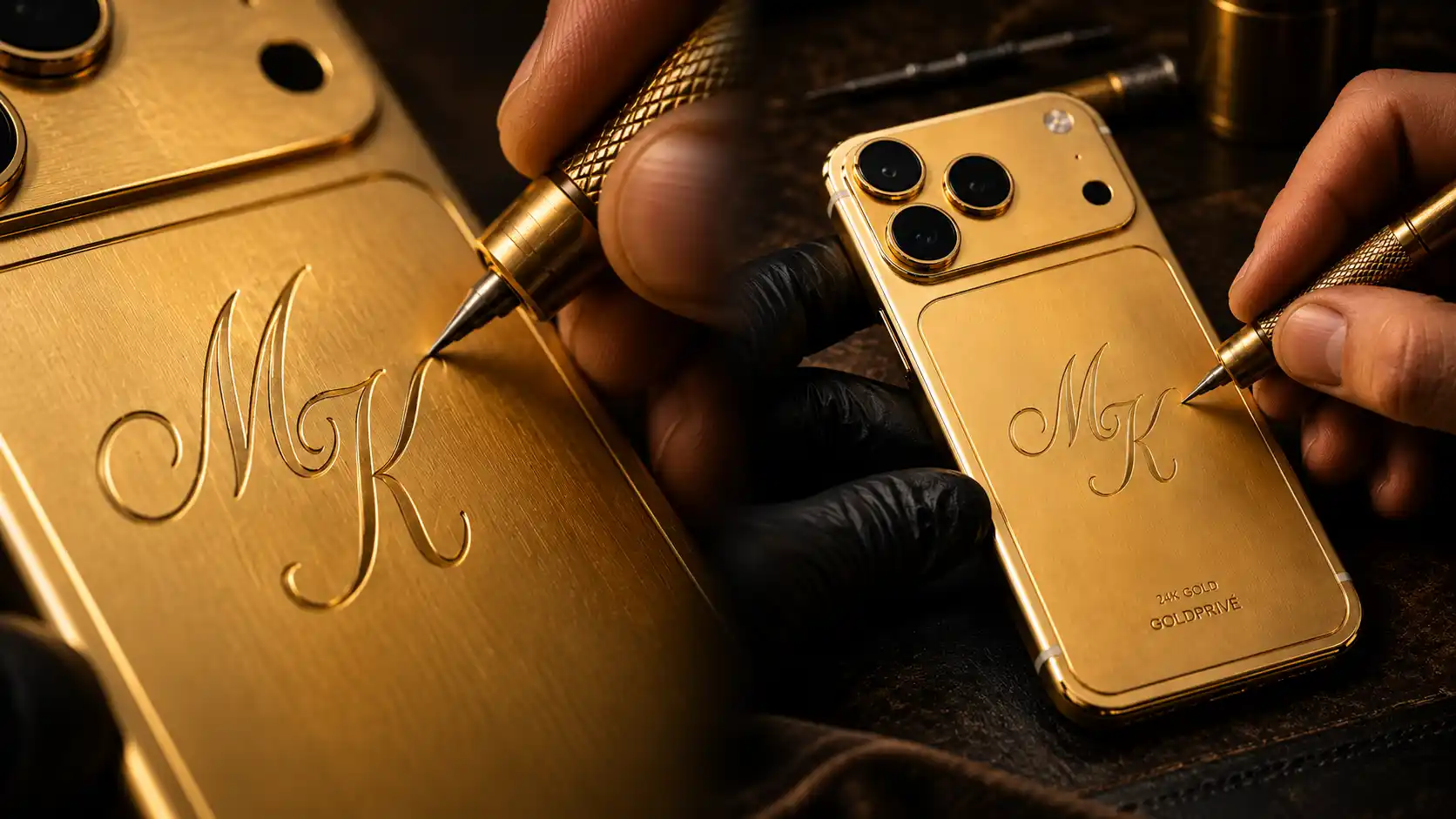 Hand engraving in the GoldPrivé atelier behind the Silver Gold iPhone 18 Pro Max