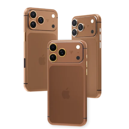 Cognac Gold iPhone 18 Pro Max in satin matte brown with camera rings and buttons plated in 24K Gold, Rose Gold and Platinum