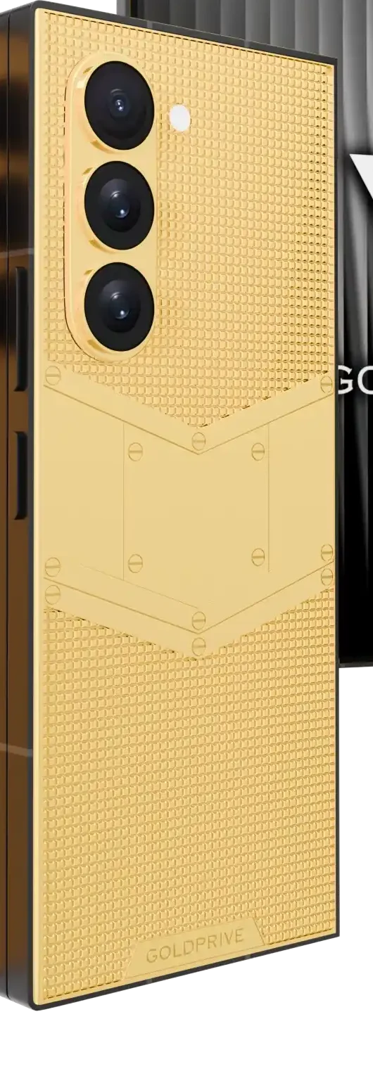 Obelisk Gold Samsung Galaxy Z Fold8 Ultra close-up of the 24K Gold hobnail texture and polished chevron