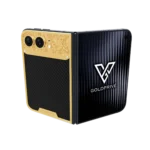Carbon Royal Gold iPhone Duo opened flat with a baroque gold band above woven carbon fibre
