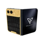 Exotic Royal Gold iPhone Duo opened flat with baroque gold engraving above a black crocodile leather panel