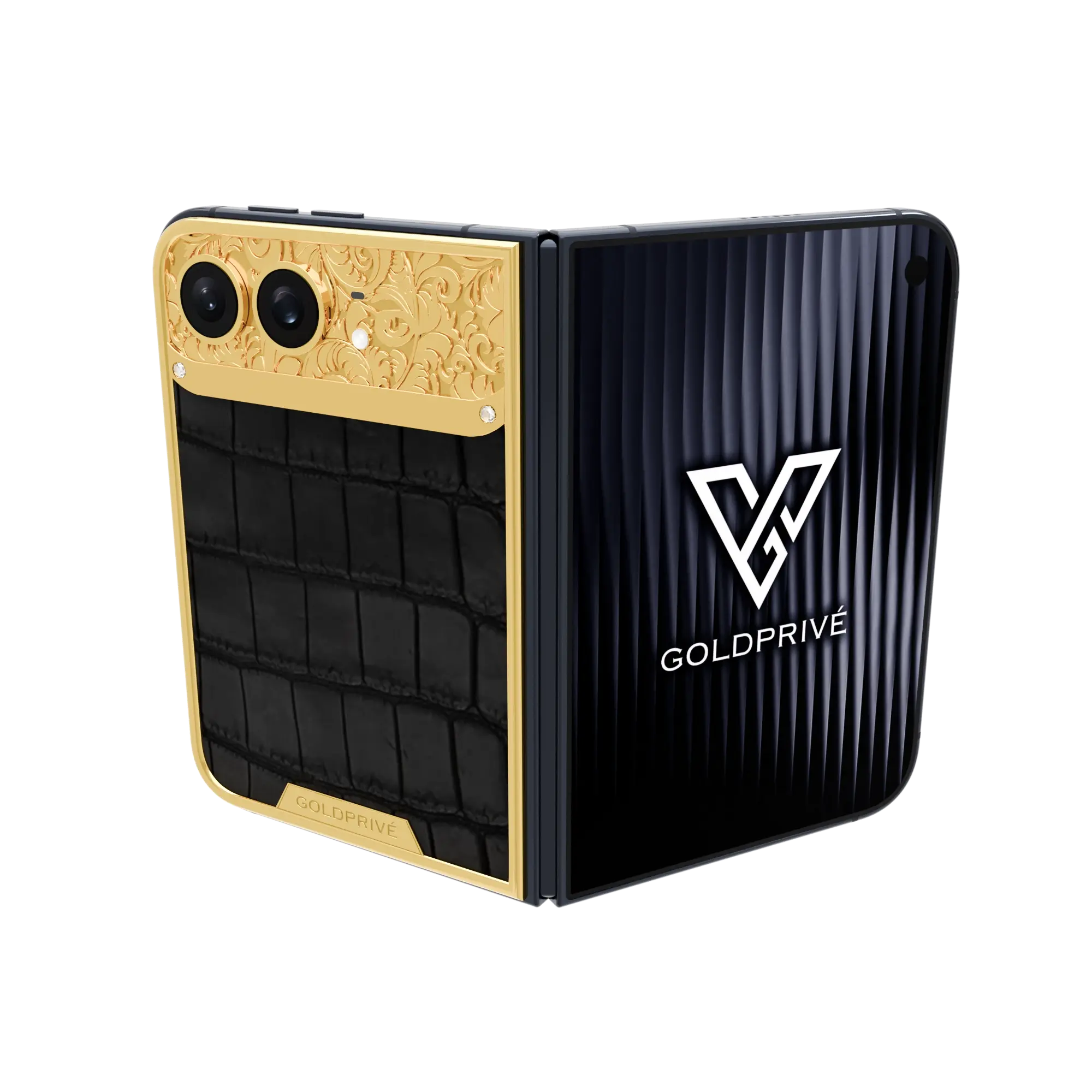 iPhone_Duo CBF Royale.01 (2) Exotic Royal Gold iPhone Duo opened flat with baroque gold engraving above a black crocodile leather panel