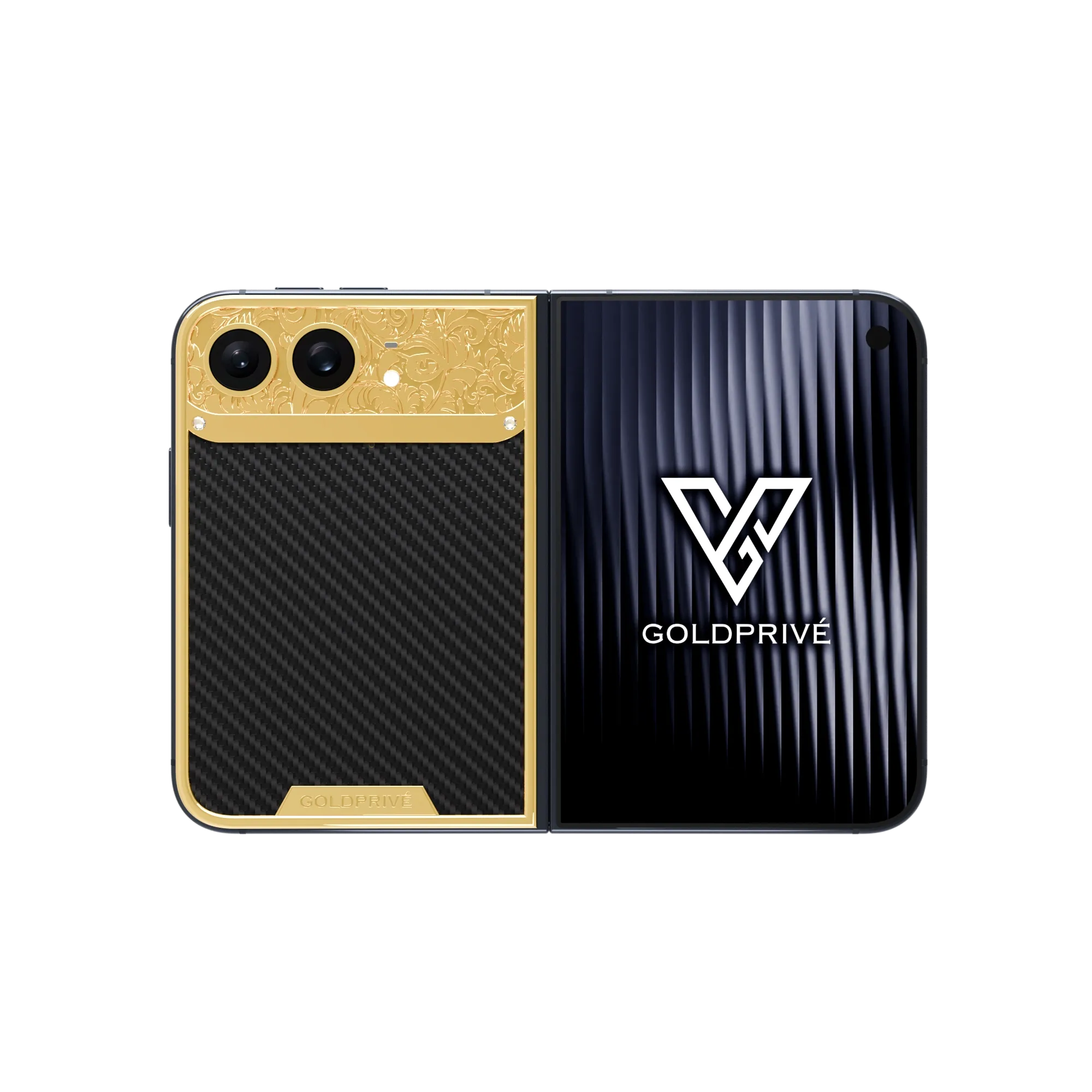 Carbon Royal Gold iPhone Duo opened flat with a baroque gold band above woven carbon fibre