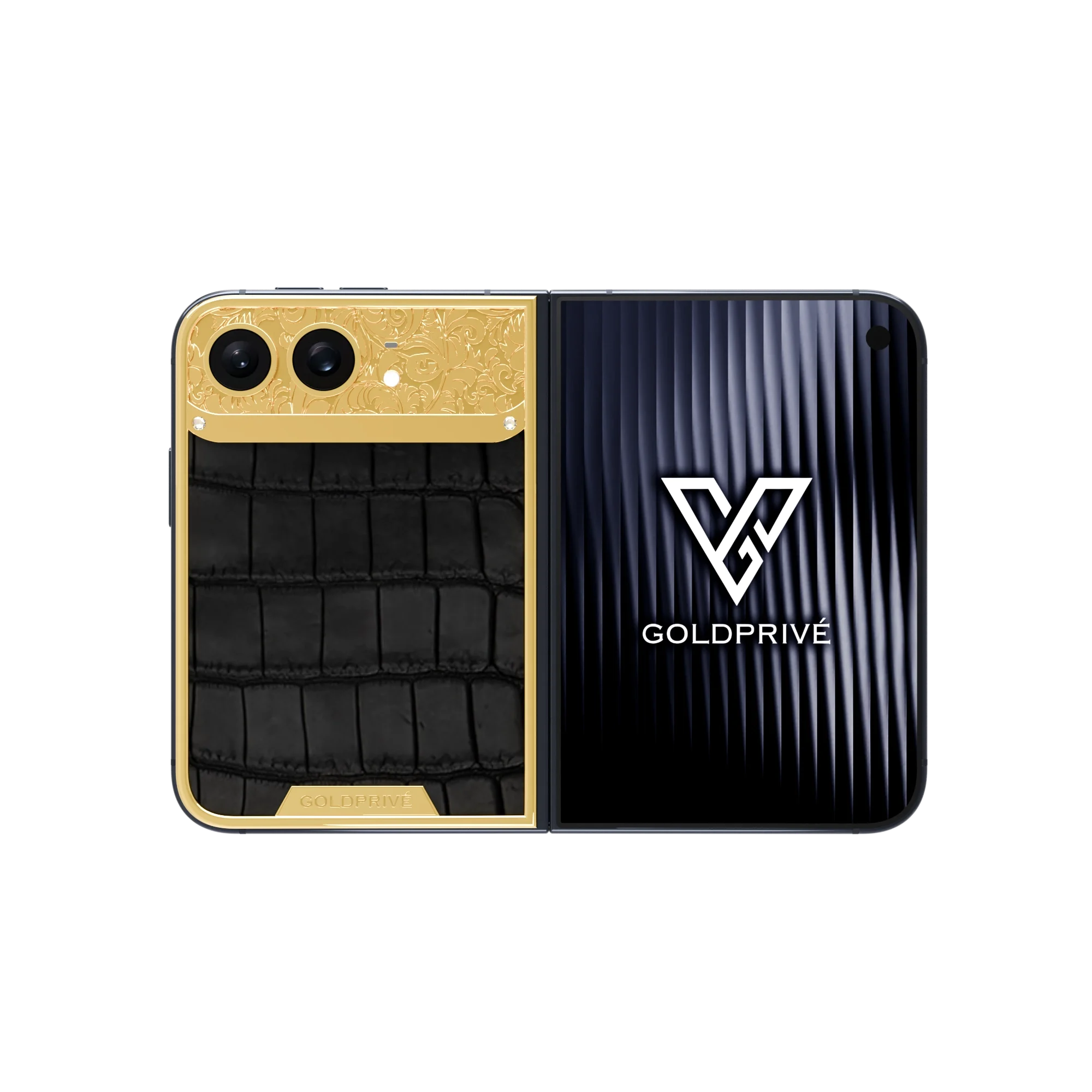 Exotic Royal Gold iPhone Duo opened flat with baroque gold engraving above a black crocodile leather panel