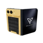 Exotic Grandeur Gold iPhone Duo partly opened, showing black crocodile leather inside a ribbed gold border