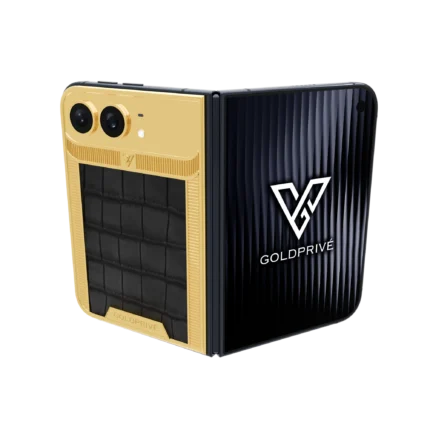 Exotic Grandeur Gold iPhone Duo partly opened, showing black crocodile leather inside a ribbed gold border