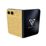 Botanica Gold iPhone Duo opened flat with baroque floral engraving across the gold back plate