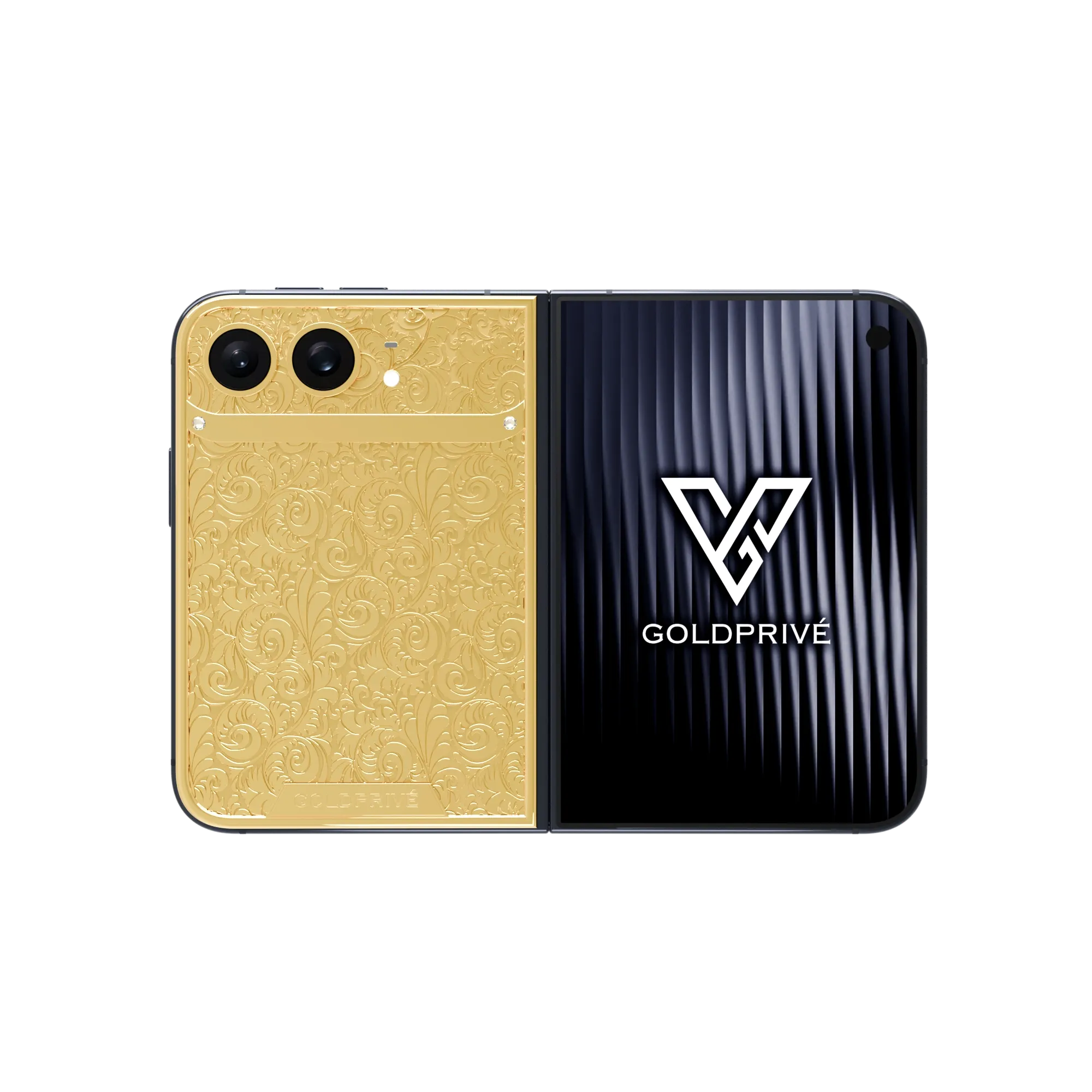 Botanica Gold iPhone Duo opened flat with baroque floral engraving across the gold back plate