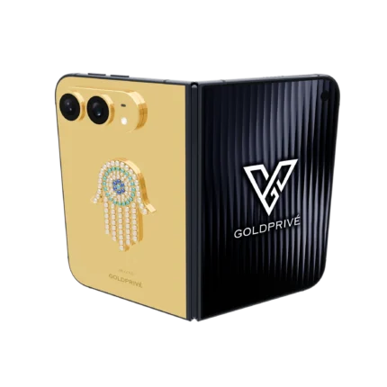 Hamsa Eye Amulet Gold iPhone Duo by GoldPrivé with an 18K gold hamsa and turquoise evil eye on a 24K Gold back panel