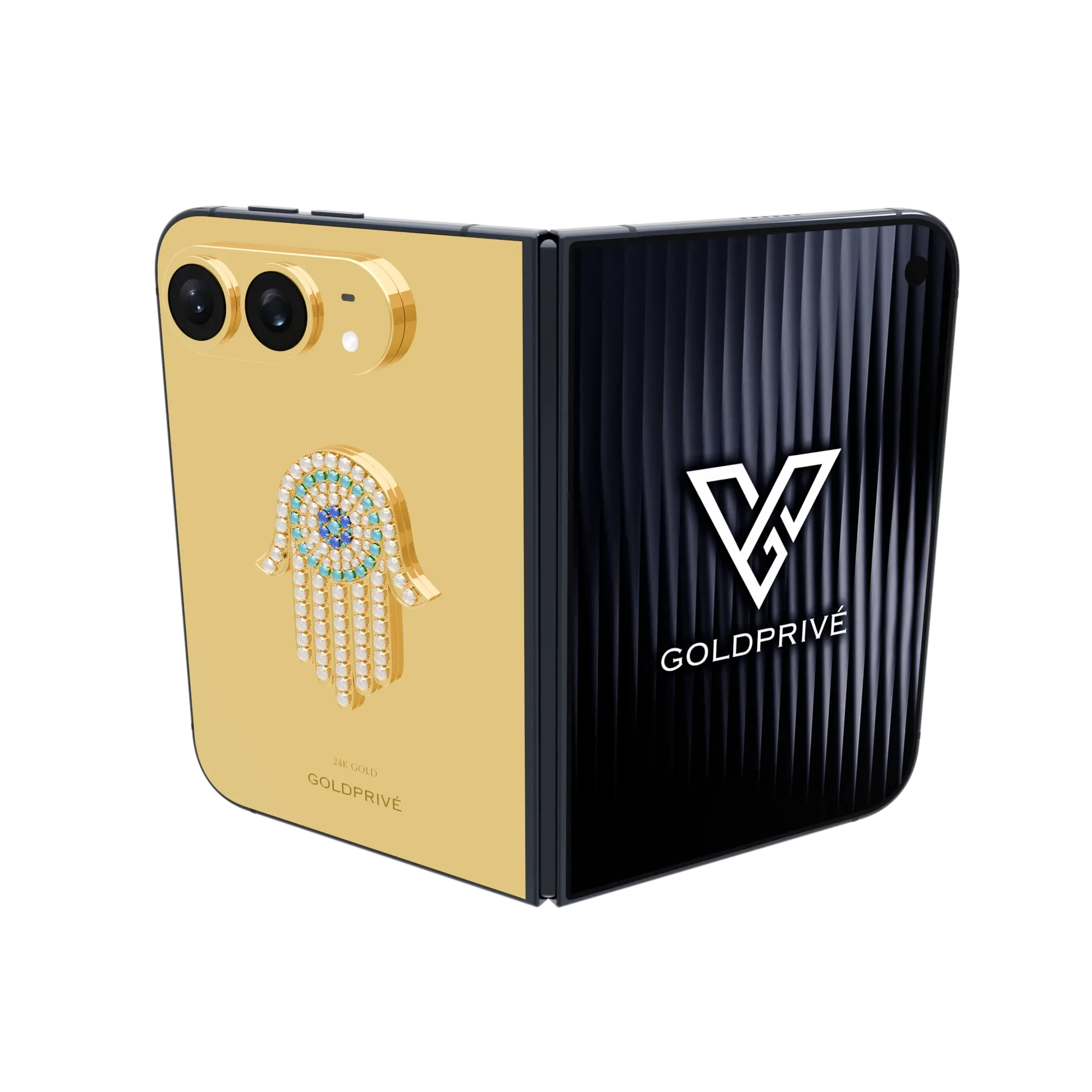 iPhone_Duo Hamsa Eye.01 Hamsa Eye Amulet Gold iPhone Duo by GoldPrivé with an 18K gold hamsa and turquoise evil eye on a 24K Gold back panel