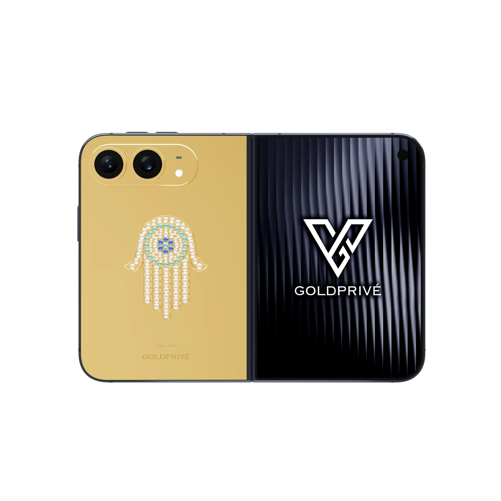 Hamsa Eye Amulet Gold iPhone Duo opened flat with an 18K gold hamsa and turquoise evil eye on the back plate