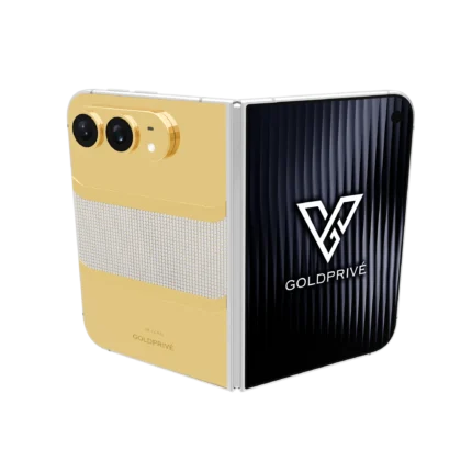 Legacy Bold Gold iPhone Duo opened flat with a wide pavé diamond band across the gold back plate