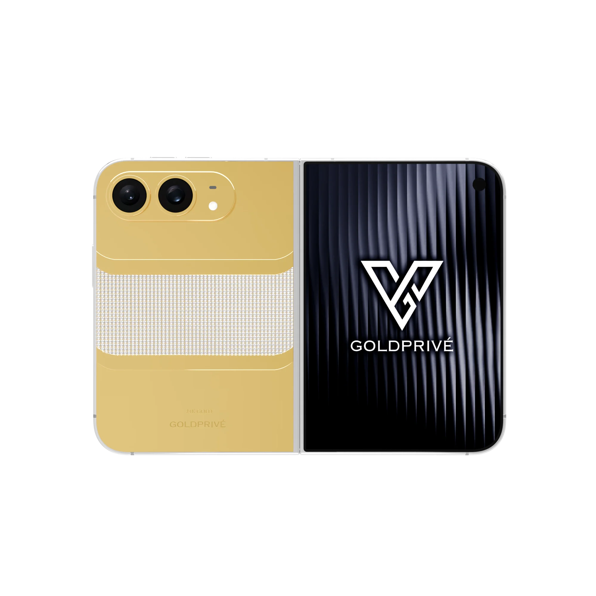 Legacy Bold Gold iPhone Duo opened flat with a wide pavé diamond band across the gold back plate