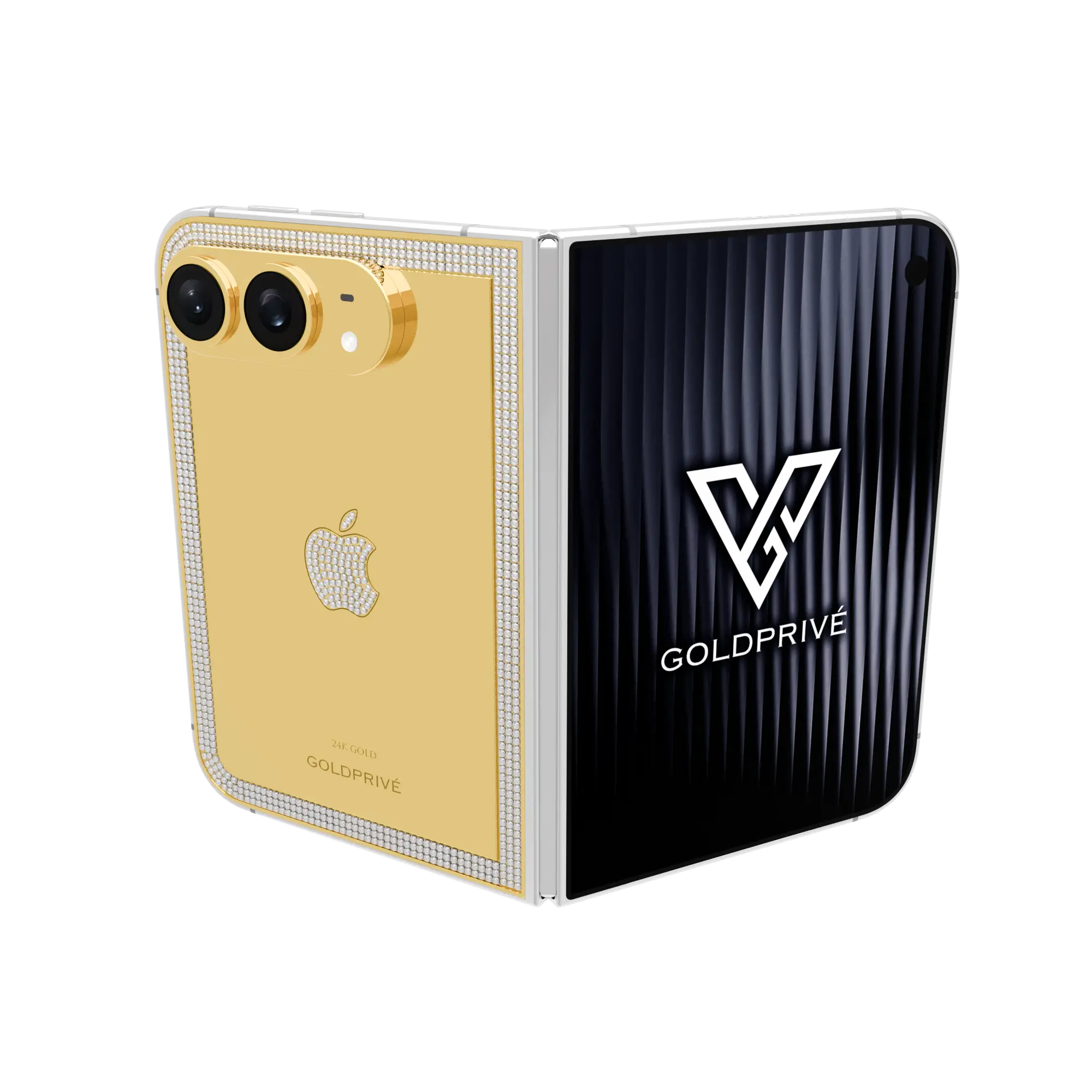 iPhone_Duo Iconix Edge.01 Legacy Edge Gold iPhone Duo opened flat with a diamond line around the back plate edge and a diamond Apple logo
