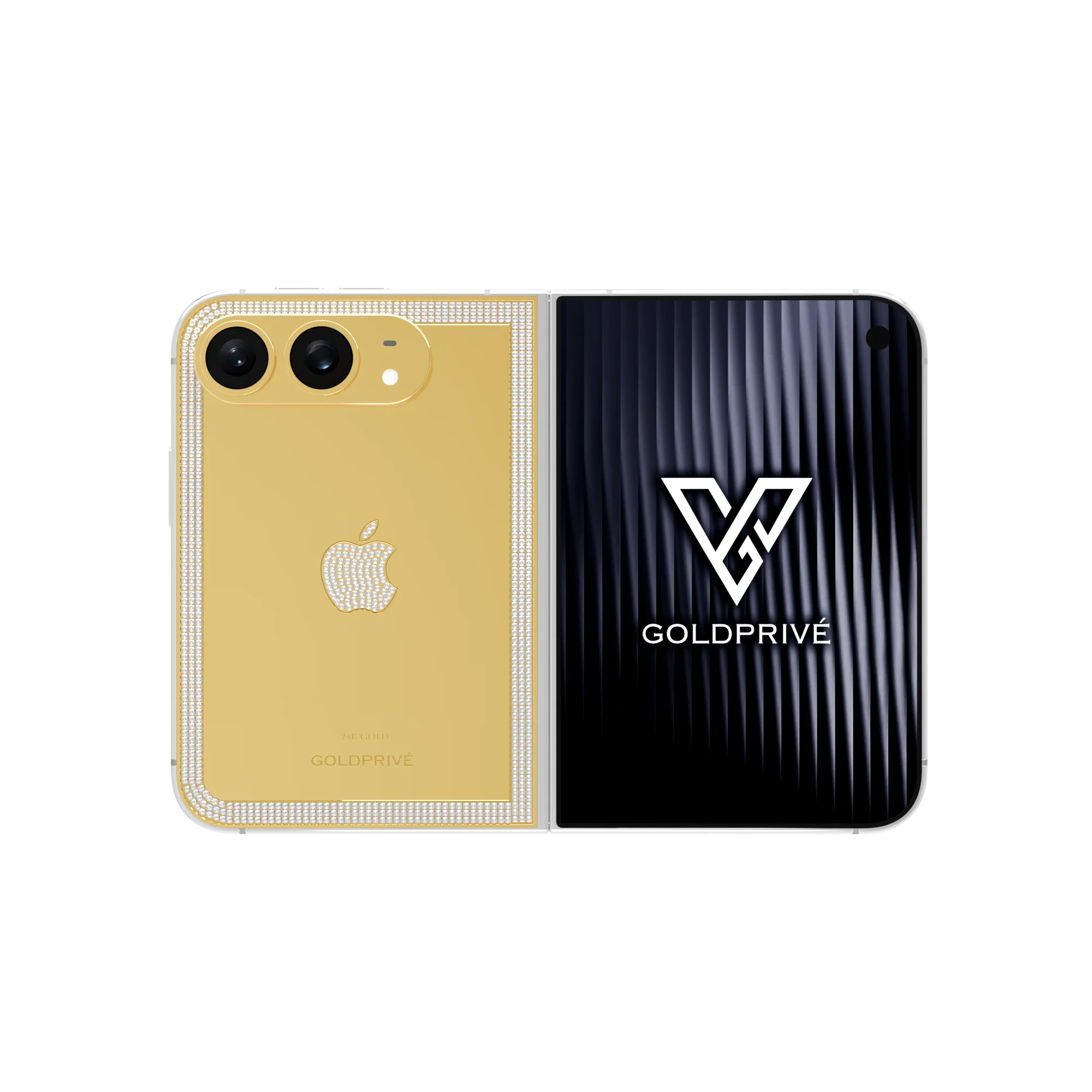 Legacy Edge Gold iPhone Duo opened flat with a diamond line around the back plate edge and a diamond Apple logo