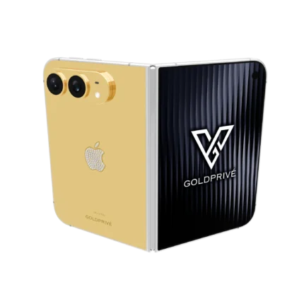 Legacy Gold iPhone Duo partly opened, showing a smooth gold back plate with a diamond-set Apple logo