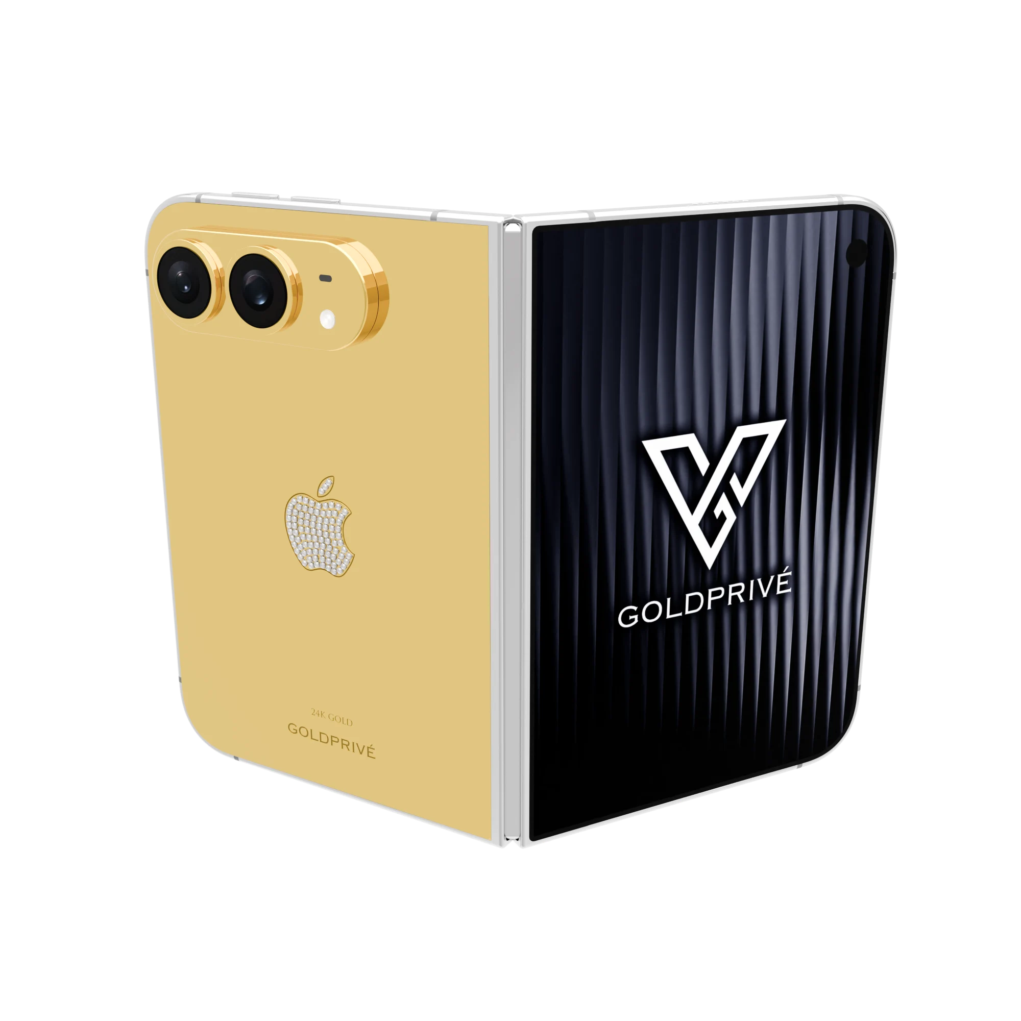 iPhone_Duo Iconix.01 (1) Legacy Gold iPhone Duo partly opened, showing a smooth gold back plate with a diamond-set Apple logo